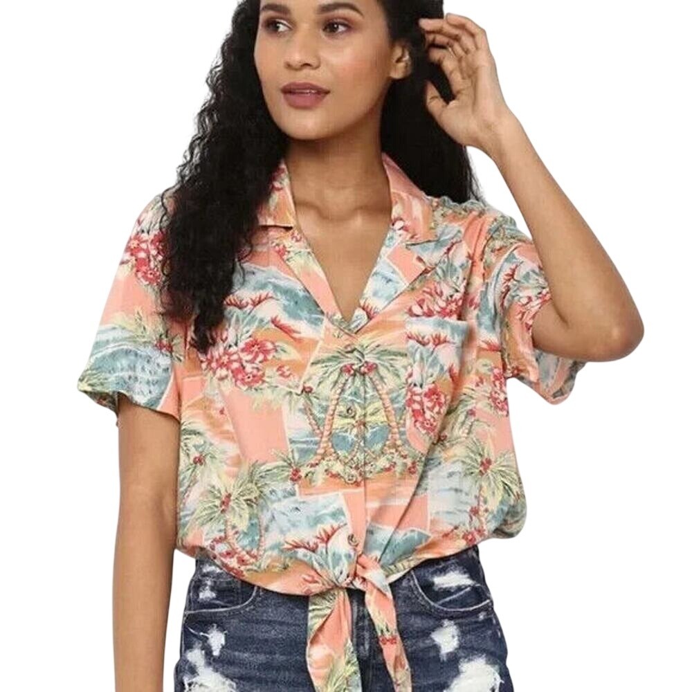American Eagle Beachy‎ Tie Front Hawaiian Shirt Womens Small Camp Resort Aloha